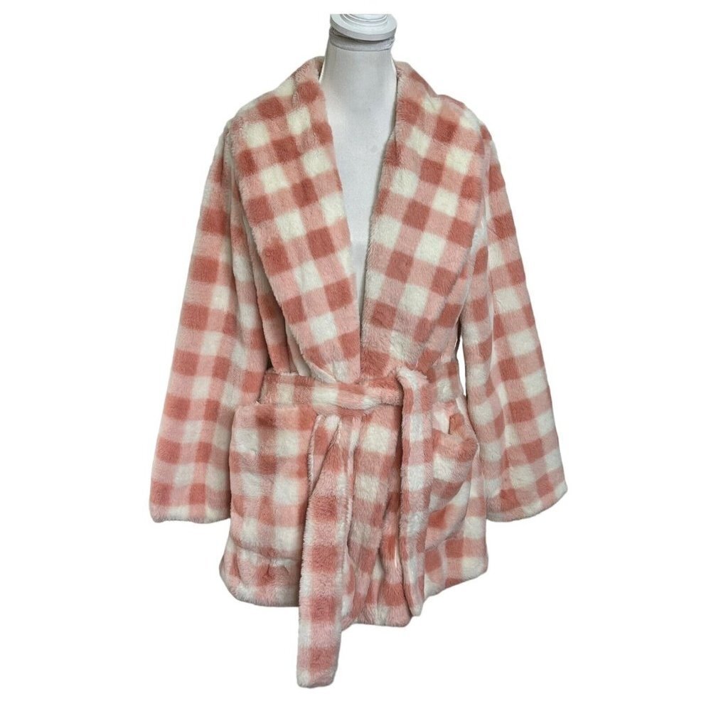 Apparis Gingham Teddy Coat Women's Small Medium Pink Belted Sherpa Oversized